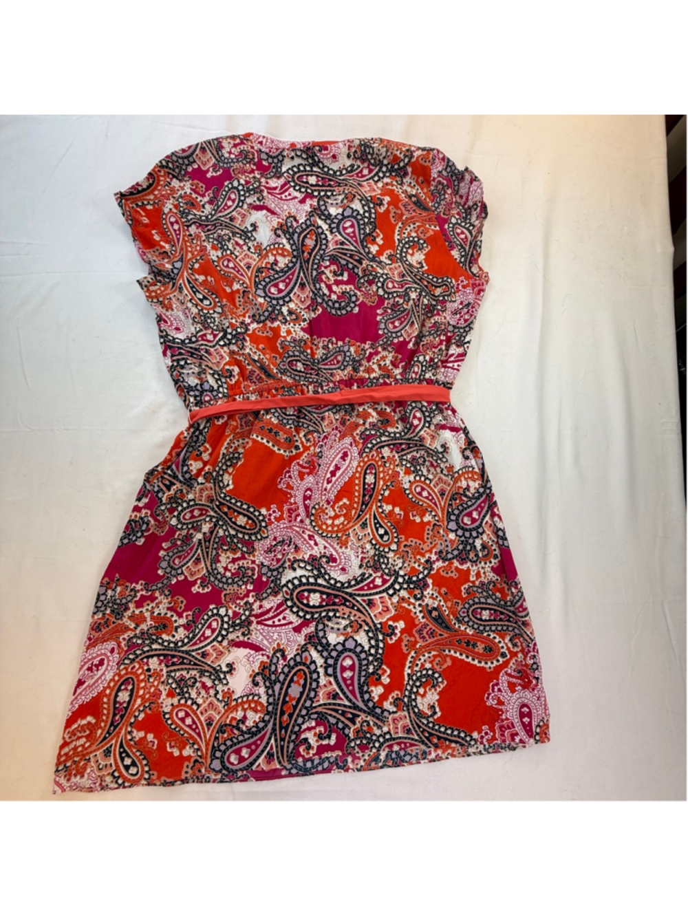 Tommy Hilfiger Paisley Print Tie Waist Dress XL Pink Orange Short Sleeve - Picture 7 of 8